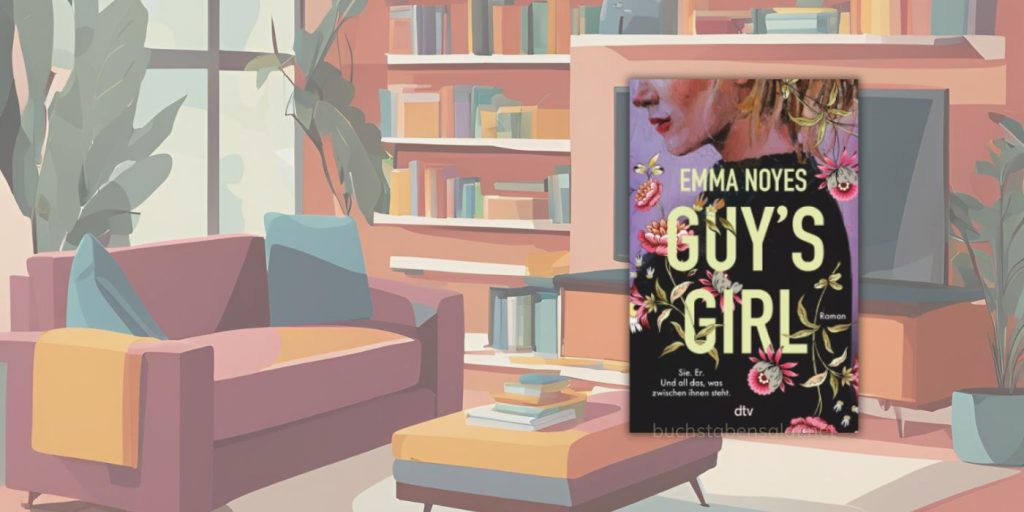 Zu sehen ist das Cover des Buches Guy's Girl von Emma Noyes vor einem Hintergrund. Dieser zeigt ein stilisiertes Wohnzimmer mit einer Couch auf der linken Seite, hinter der ein von großen Pflanzen umrahmtes Fenster Licht hereinlässt, und einem Fernseher auf der rechten Seite. DIe Rückwand ist von einem Regal bedeckt und in der Mitte des Raumes steht ein kleiner Tisch. Die Farben sind hauptsächlich in orange, braun und Grüntönen gehalten. Insgesamt wirkt das Bild warm. Es wurde von der KI des Online-Grafiktools Canva generiert.