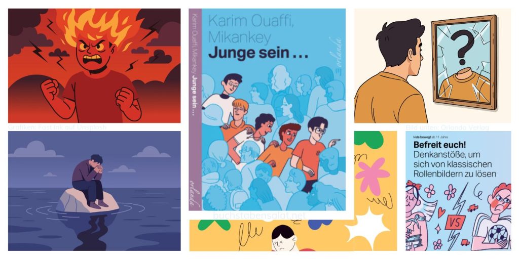 Diese Abbildung zeigt 6 Bilder, wovon eines das Cover des Buches Junge sein ... von Karim Ouaffi ist. Dieses ist mittig angeordnet. Die anderen Bilder zeigen vereinfachte Darstellungen im Comic-Stil von Wut, Trauer, Selbstzweifeln und anderen überwältigenden Gefühlen. Unten rechts ist ein Bild zu sehen, das den folgenden Text zeigt: "Befreit euch! Denkanstöße, um sich von klassischen Rollenbildern zu lösen". Dieses Bild stammt von der Website des Orlanda-Verlags. Die 6 Bilder sind wie Comic-Panels mit schmalen weißen Zwischenräumen angeordnet, um den Stil des Buches Junge sein ... anzudeuten.